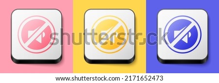 Isometric Speaker mute icon isolated on pink, yellow and blue background. No sound icon. Volume Off symbol. Square button. Vector