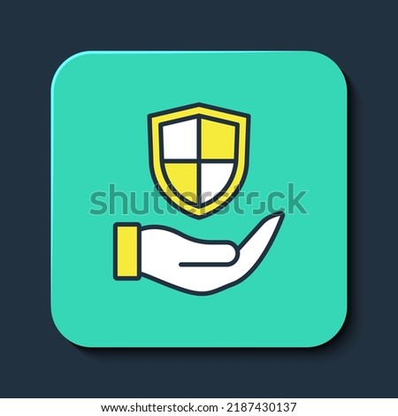 Filled outline Shield in hand icon isolated on blue background. Insurance concept. Guard sign. Security, safety, protection, privacy concept. Turquoise square button. Vector