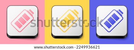 Isometric Battery charge level indicator icon isolated on pink, yellow and blue background. Square button. Vector