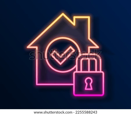 Glowing neon line House under protection icon isolated on black background. Home and lock. Protection, safety, security, protect, defense concept.  Vector