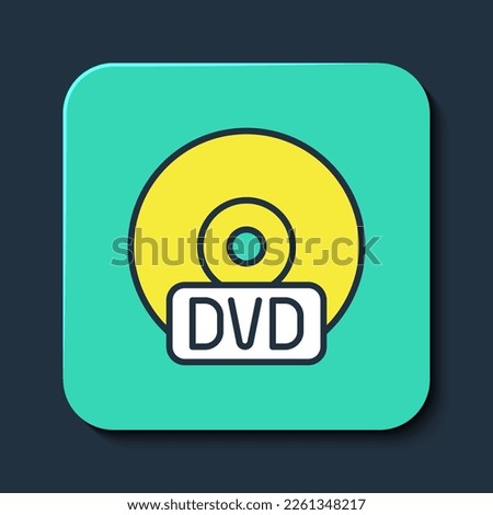 Filled outline CD or DVD disk icon isolated on blue background. Compact disc sign. Turquoise square button. Vector