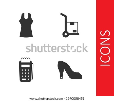 Set Woman shoe, dress, POS terminal and Hand truck and boxes icon. Vector