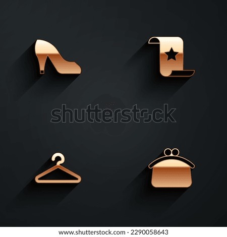 Set Woman shoe, Paper check and financial check, Hanger wardrobe and Wallet icon with long shadow. Vector