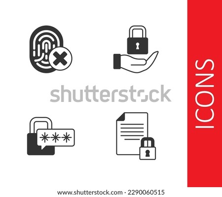 Set Document and lock, Cancelled fingerprint, Cyber security and Lock icon. Vector