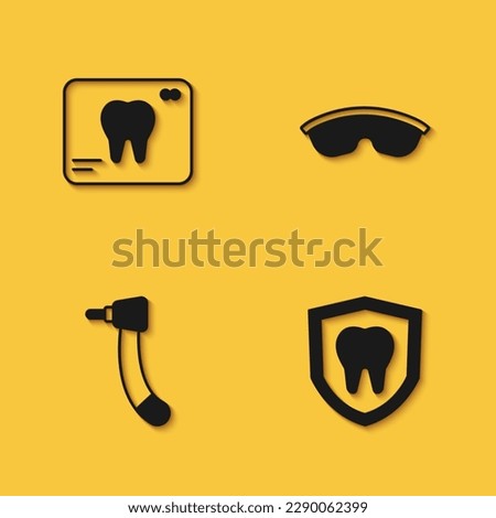 Set X-ray of tooth, Dental protection, Tooth drill and Safety goggle glasses icon with long shadow. Vector