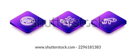Set Isometric line Speaker mute, Dead fish and Fishing lure icon. Vector