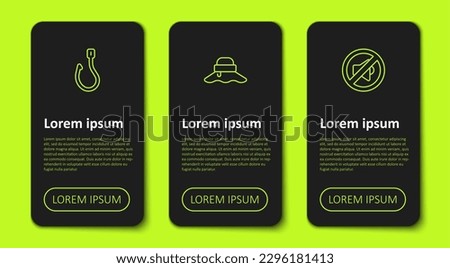 Set line Fishing hook, Fisherman hat and Speaker mute. Business infographic template. Vector