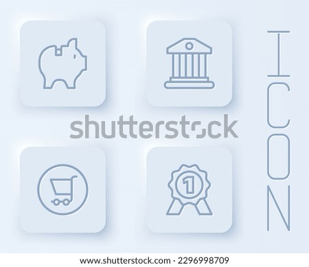 Set line Piggy bank, Bank building, Shopping cart and Medal. White square button. Vector