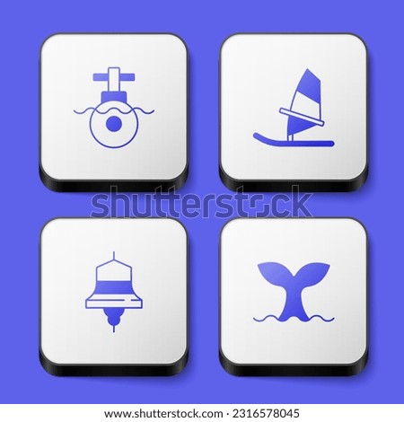 Set Submarine, Windsurfing, Ship bell and Whale tail icon. White square button. Vector
