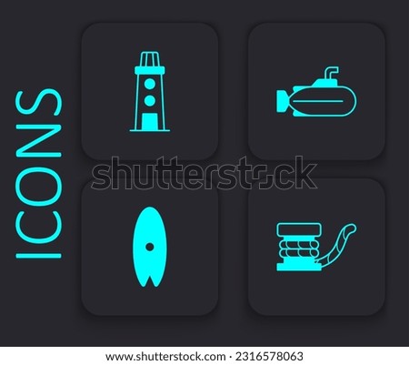 Set Marine bollard with rope, Lighthouse, Submarine and Surfboard icon. Black square button. Vector