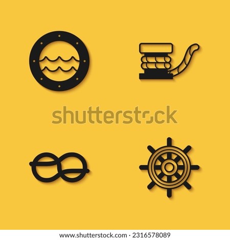 Set Ship porthole, steering wheel, Nautical rope knots and Marine bollard with icon with long shadow. Vector