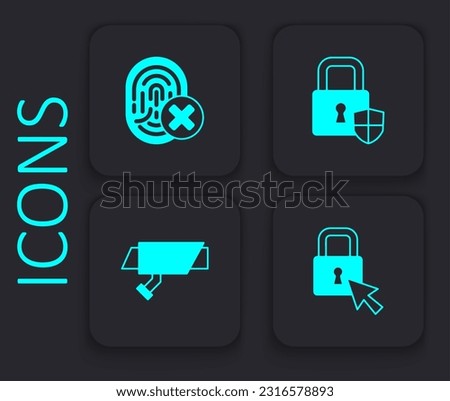 Set Lock, Cancelled fingerprint, Shield security with lock and Security camera icon. Black square button. Vector