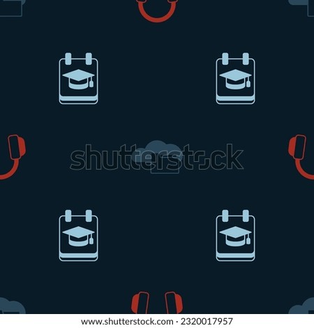 Set Headphones, Cloud or online library and Online education on seamless pattern. Vector