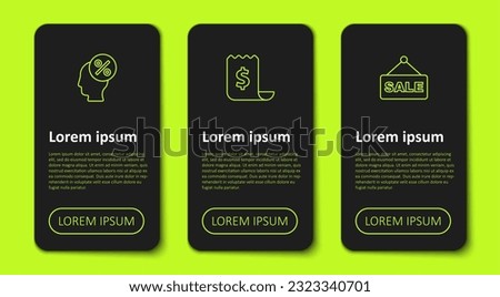 Set line Discount percent tag, Paper check and financial check and Hanging sign with text Sale. Business infographic template. Vector