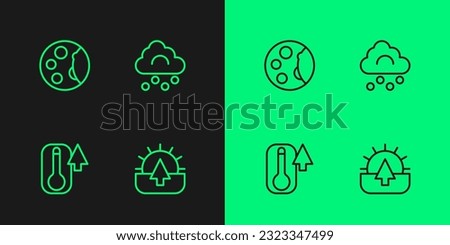 Set line Sunrise, Thermometer, Moon phases and Hail cloud icon. Vector