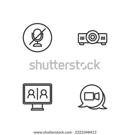 Set line Video chat conference, Mute microphone and Movie, film, media projector icon. Vector