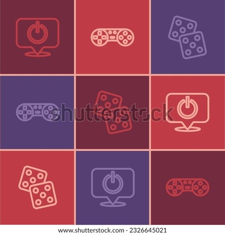 Set line Power button, Game dice and controller or joystick icon. Vector