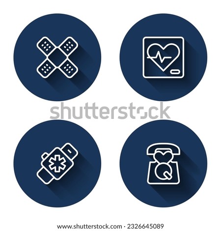 Set line Crossed bandage plaster, Heart rate, Smart watch with heart and Emergency call 911 with long shadow. Blue circle button. Vector