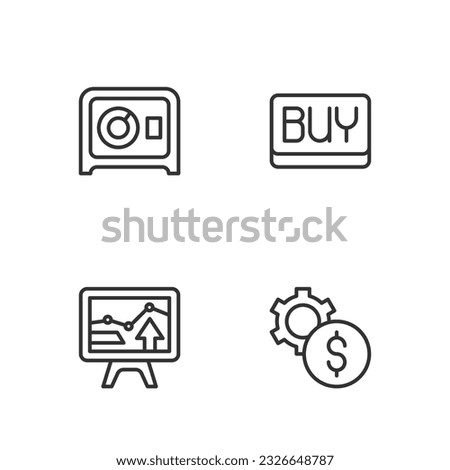 Set line Gear with dollar symbol, Monitor graph chart, Safe and Buy button icon. Vector