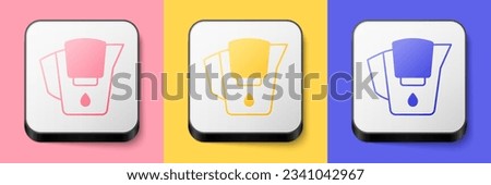 Isometric Water jug with a filter icon isolated on pink, yellow and blue background. Square button. Vector