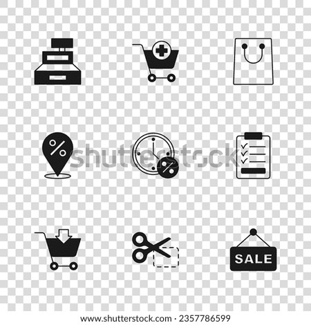 Set Scissors cuts discount coupon, Clipboard with checklist, Hanging sign text Sale, Clock and percent, Paper shopping bag, Cash register machine, Add to Shopping cart and Location icon. Vector