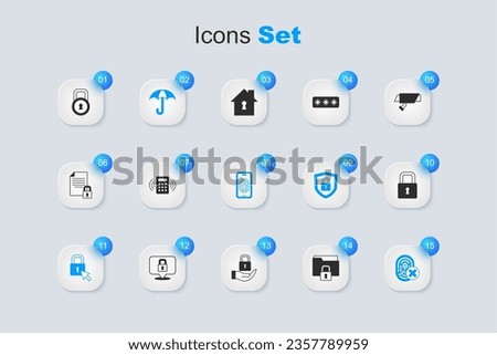 Set Folder and lock, Security keypad access panel, Umbrella, Lock, Cancelled fingerprint,  and Mobile with scanner icon. Vector