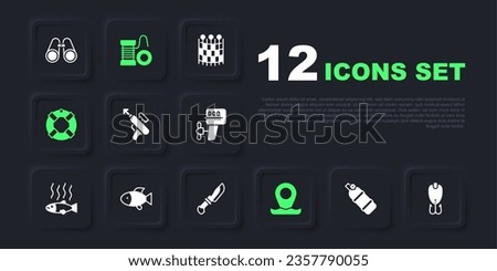 Set Aqualung, Fishing lure, harpoon, Location fishing, Lifebuoy, Spinning reel for and Knife icon. Vector