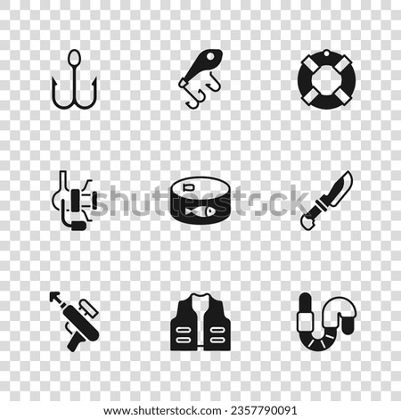 Set Fishing jacket, Knife, Worm, Canned fish, Lifebuoy, hook, lure and Spinning reel for fishing icon. Vector