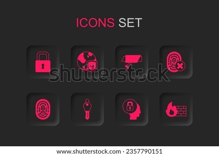 Set Key, Shield with world globe, Lock, Cancelled fingerprint, Firewall, security wall, Security camera and Fingerprint icon. Vector