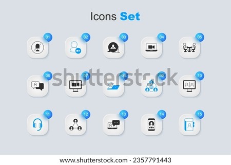 Set Video chat conference, Headphones, Phone book, Mute microphone and  icon. Vector