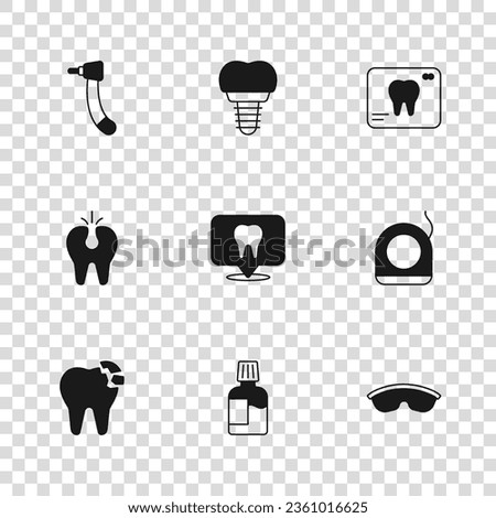 Set Mouthwash, Dental floss, Safety goggle glasses, clinic location, X-ray of tooth, Tooth drill, implant and Broken icon. Vector