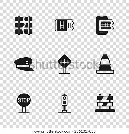 Set Train traffic light, Traffic cone, End of railway tracks, Railroad crossing, Online ticket booking, Broken or cracked,  and driver hat icon. Vector