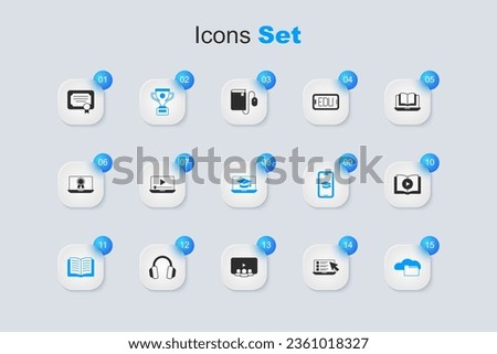 Set Online quiz, test, survey, play video, Award cup, Open book, Cloud or online library, Audio, Certificate template and Graduation cap laptop icon. Vector