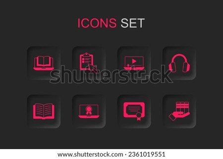 Set Online education with diploma, quiz, test, survey, class, Certificate template, Headphones, Book donation, play video and Open book icon. Vector