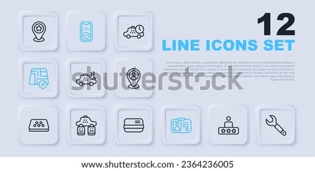Set line Taxi service rating, Wrench spanner, Broken taxi car, driver license, Location, mobile app and Credit card icon. Vector