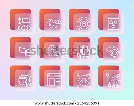 Set line Radioactive waste in barrel, Browser window, Mechanical robot hand, Blockchain technology Bitcoin, Humanoid, Cryptocurrency, Cyber security and Earth with exclamation mark icon. Vector