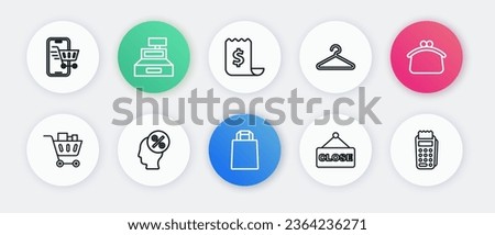 Set line Paper shopping bag, Wallet, Shopping cart and food, Hanging sign with text Closed, Hanger wardrobe, check financial check, POS terminal and Discount percent tag icon. Vector