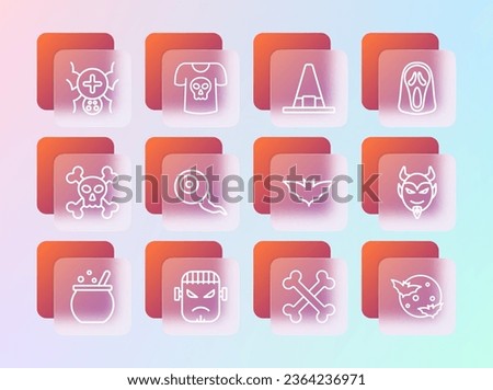 Set line Funny and scary ghost mask, Frankenstein face, Flying bat, Crossed bones, Eye, Witch hat, Spider and Shirt with skull icon. Vector