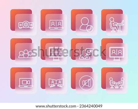 Set line Freelancer, Video chat conference, Mute microphone, Movie, film, media projector and  icon. Vector