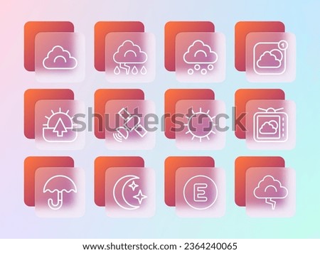 Set line Weather forecast app, Moon and stars, Sun, Compass west, Satellite, Hail cloud, Cloud and lightning icon. Vector