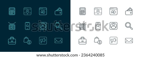 Set line Wallet with money, shopping bag and dollar, Create account screen, Megaphone, Magnifying glass mobile, Advertising, Calculator and Infographic of city map icon. Vector