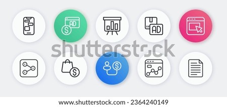 Set line Human and money, Advertising, Share, Market analysis, Board with graph chart, File document and shopping bag dollar icon. Vector