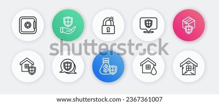 Set line Money bag with shield, Delivery security, House, flood, Location, Broken or cracked lock,  and Shield icon. Vector