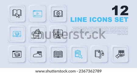 Set line Electronic book with mouse, Book donation, Student working laptop, Online quiz, test, survey, Graduation cap, Cloud online library, play video and Open icon. Vector