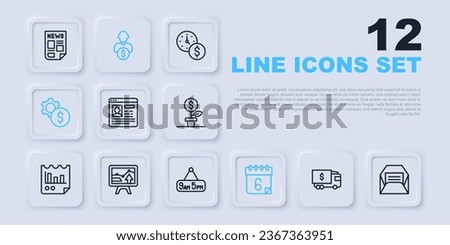 Set line Armored truck, Envelope, Resume, Calendar, Gear with dollar symbol, Monitor graph chart, Business investor and From 9 5 job icon. Vector