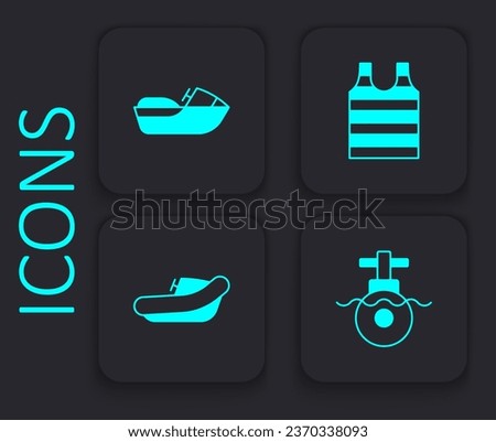 Set Submarine, Jet ski, Striped sailor t-shirt and Inflatable boat with motor icon. Black square button. Vector