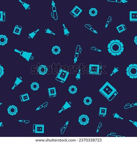 Set Ringing bell, Gear, Fountain pen nib and Book with mathematics on seamless pattern. Vector