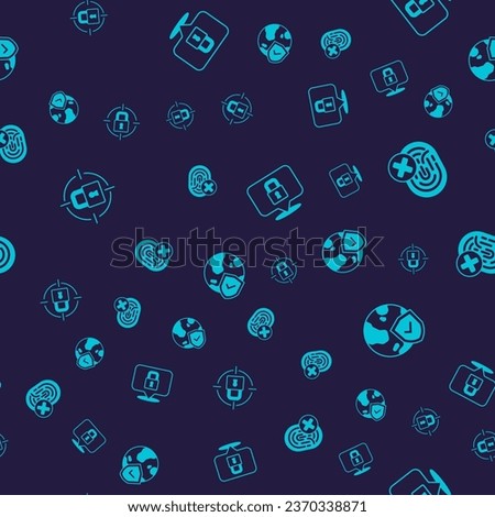 Set Lock, Cancelled fingerprint,  and Shield with world globe on seamless pattern. Vector