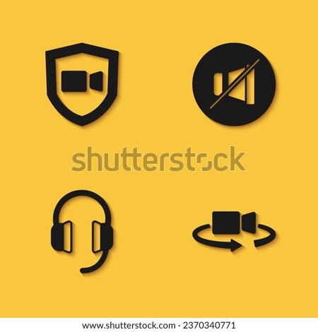 Set Video chat conference, 360 degree view, Headphones and Mute microphone icon with long shadow. Vector