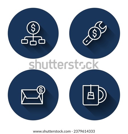 Set line Hierarchy with dollar, Repair price, Mail and e-mail and Cup of tea with long shadow. Blue circle button. Vector